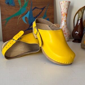 Handmade Yellow Adjustable Leather Clogs with Buckle Strap